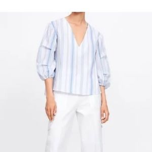 Zara blue and white striped v neck blouse size medium
